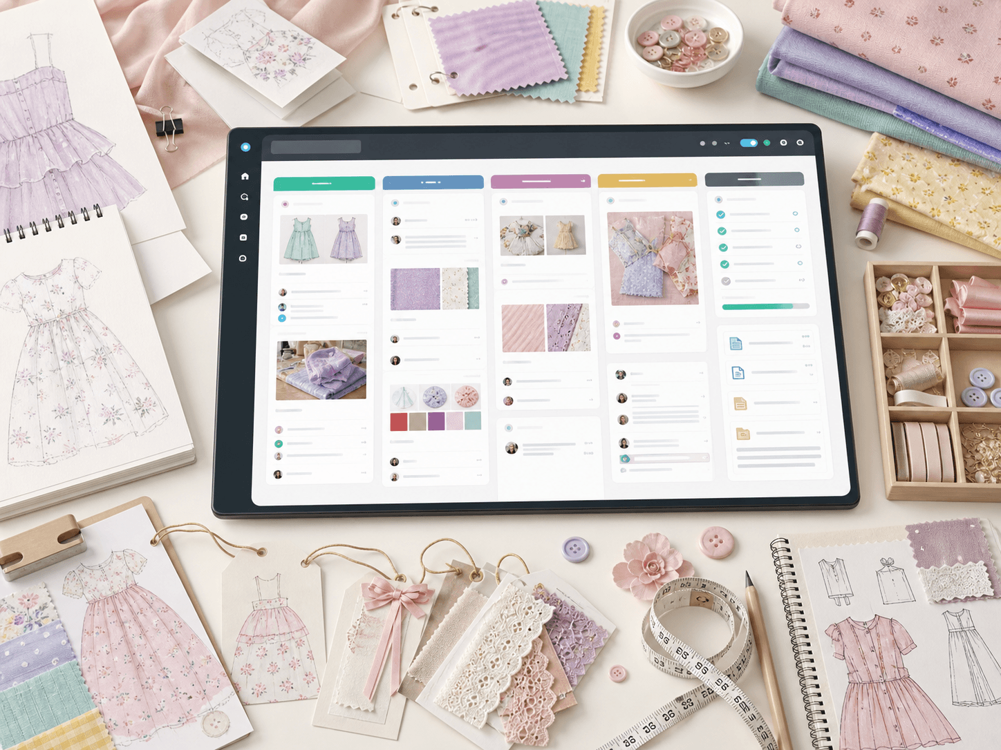 Girls fashion workflow board with files, specs, comments, and production stages