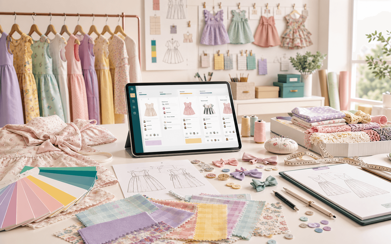 Girls fashion product development workspace with dresses, swatches, notes, and collaboration tools